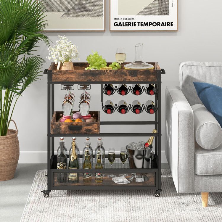 3-Tier Industrial Buffet Serving Cart with Wine Rack