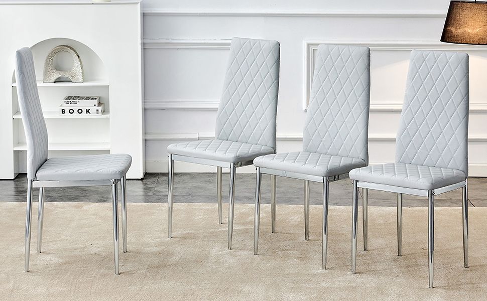 [SET OF 4] Checkered light grey armless high back dining chairs,