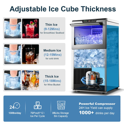 Commercial Ice Maker 100-150lbs/24H Ice Maker Machine, Auto Self-Cleaning, LED Digital Display, Blue Light, Under Counter/Freestanding Ice Machine for Home/Office/Restaurant/Bar