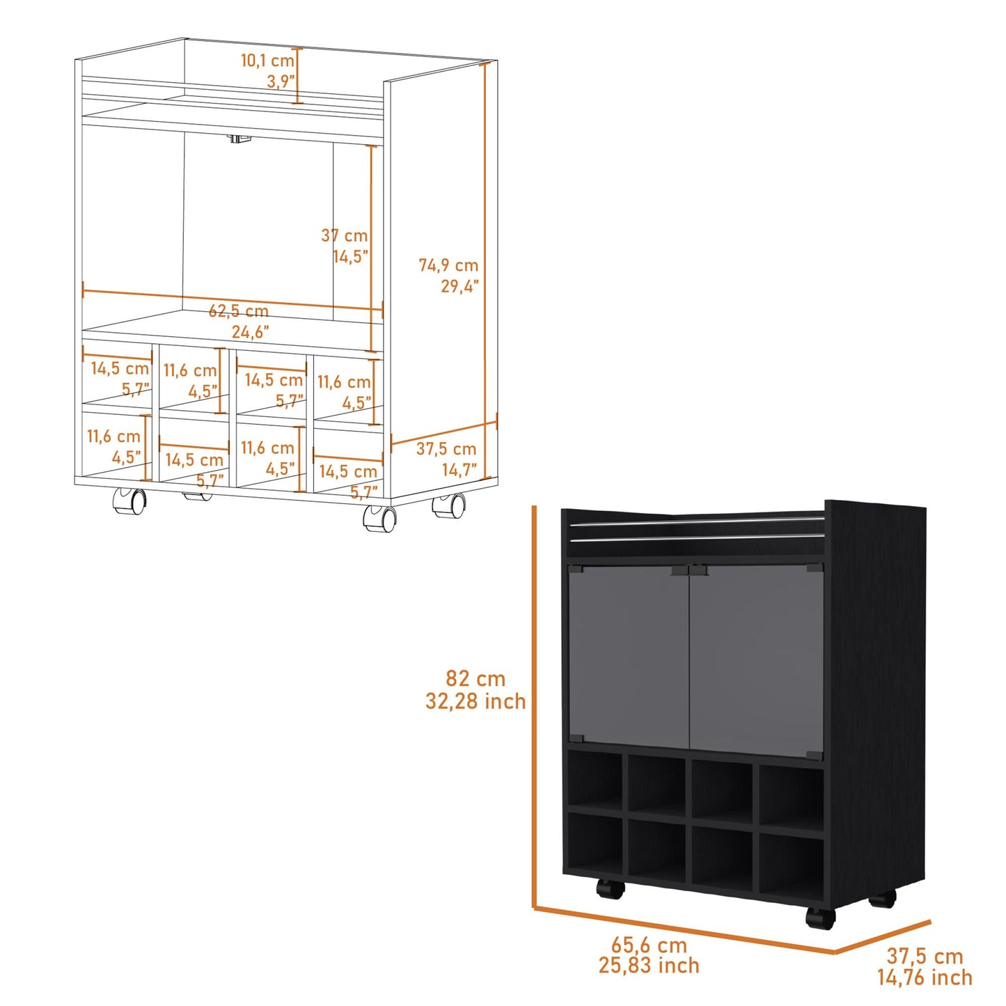 Minneapolis Bar Cart with Integrated 8-Bottle Rack, Glass Encased Cabinet and Aluminum Bar Top