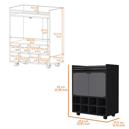 Minneapolis Bar Cart with Integrated 8-Bottle Rack, Glass Encased Cabinet and Aluminum Bar Top