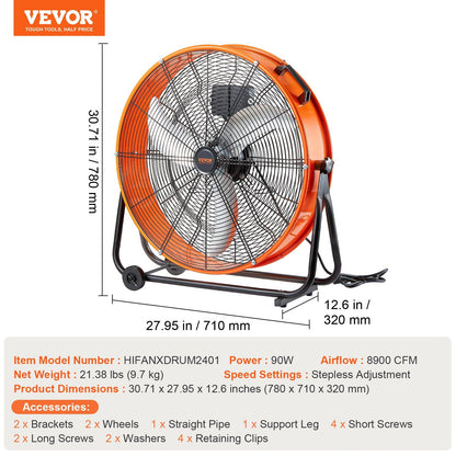 Drum Fan 24 In High Velocity Industrial Infinitely Variable Speed 7935CFM