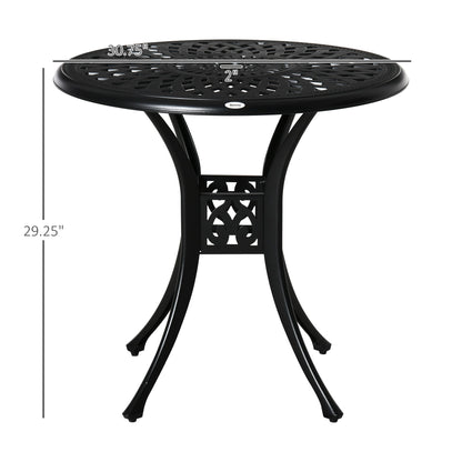 Outsunny 30" Round Patio Dining Table with Umbrella Hole, Antique Cast Aluminum Outdoor Bistro Table Only, Black