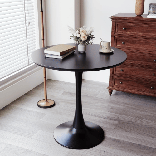 Black Round Table, Modern Dining Table, MDF Top and Steel Base Tulip Round Kitchen Table, Mid Century Coffee Table for Living Room 24 Inch