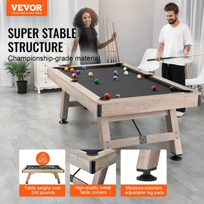 VEVOR Billiards Table, 7 ft Pool Table, Adjust Legs Stable Billiards Table, Pool Table Set Includes Balls, Cues, Chalks and Brush, Wood Color with Black Cloth, Perfect for Family Game Room Kids Adults