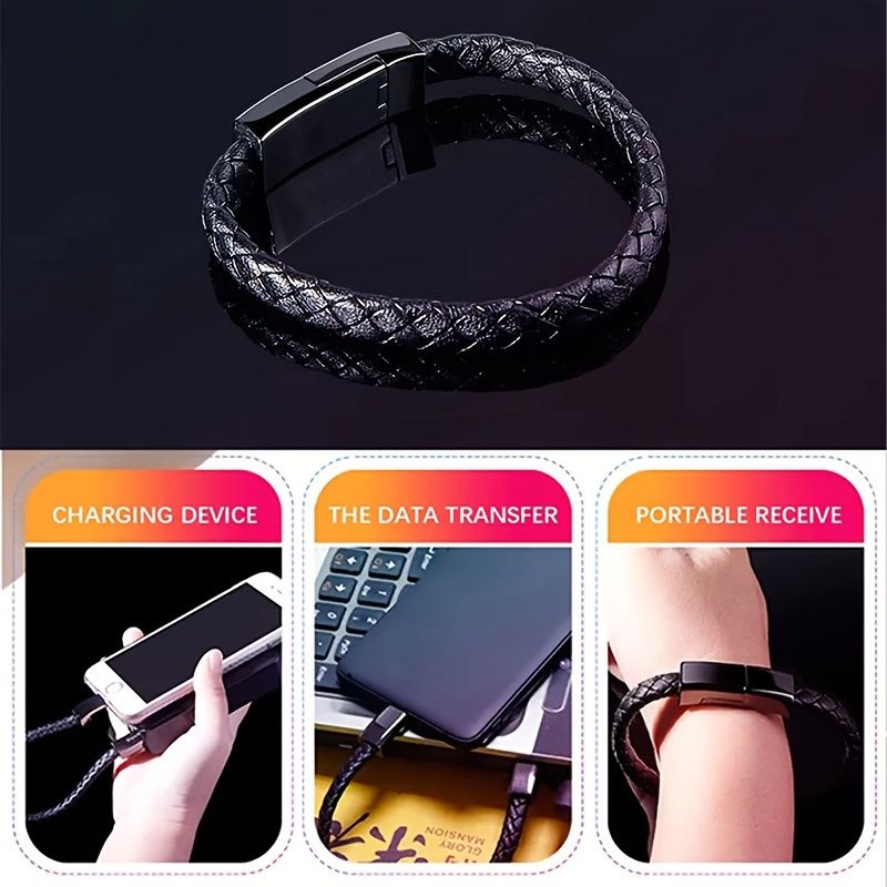 ANSTY Portable Braided Leather Charger Cord Smart USB Charging Cable Bracelet Cord For Android IPhone Phone