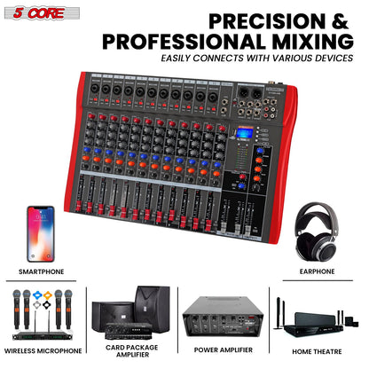 5 Core Audio Mixer 12 Channel DJ Sound Board w Bluetooth USB PC Recording Professional PA Analog Mixing Interface For Karaoke Singing Music Podcast Consola De Audio - MX 12CH