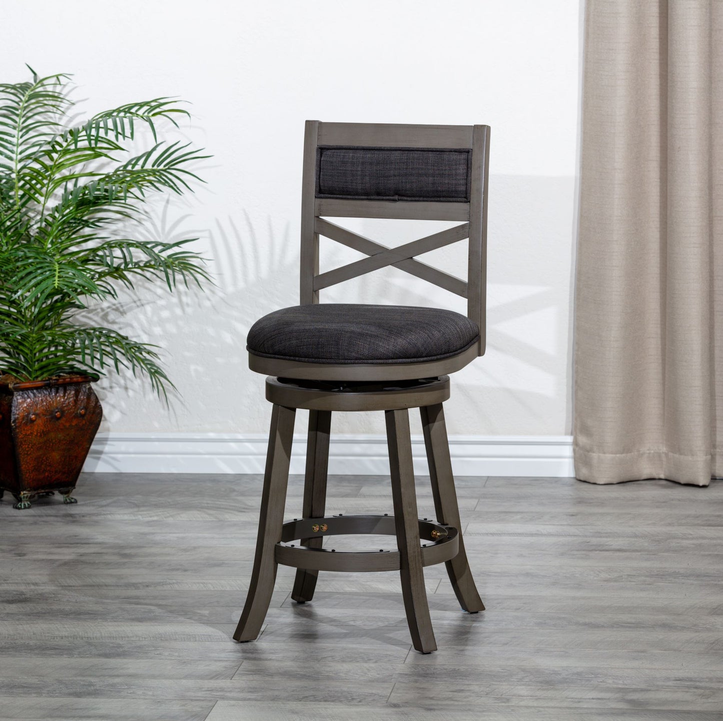 30" Bar Height X-Back Swivel Stool, Weathered Gray Finish Grey, Charcoal Fabric Seat