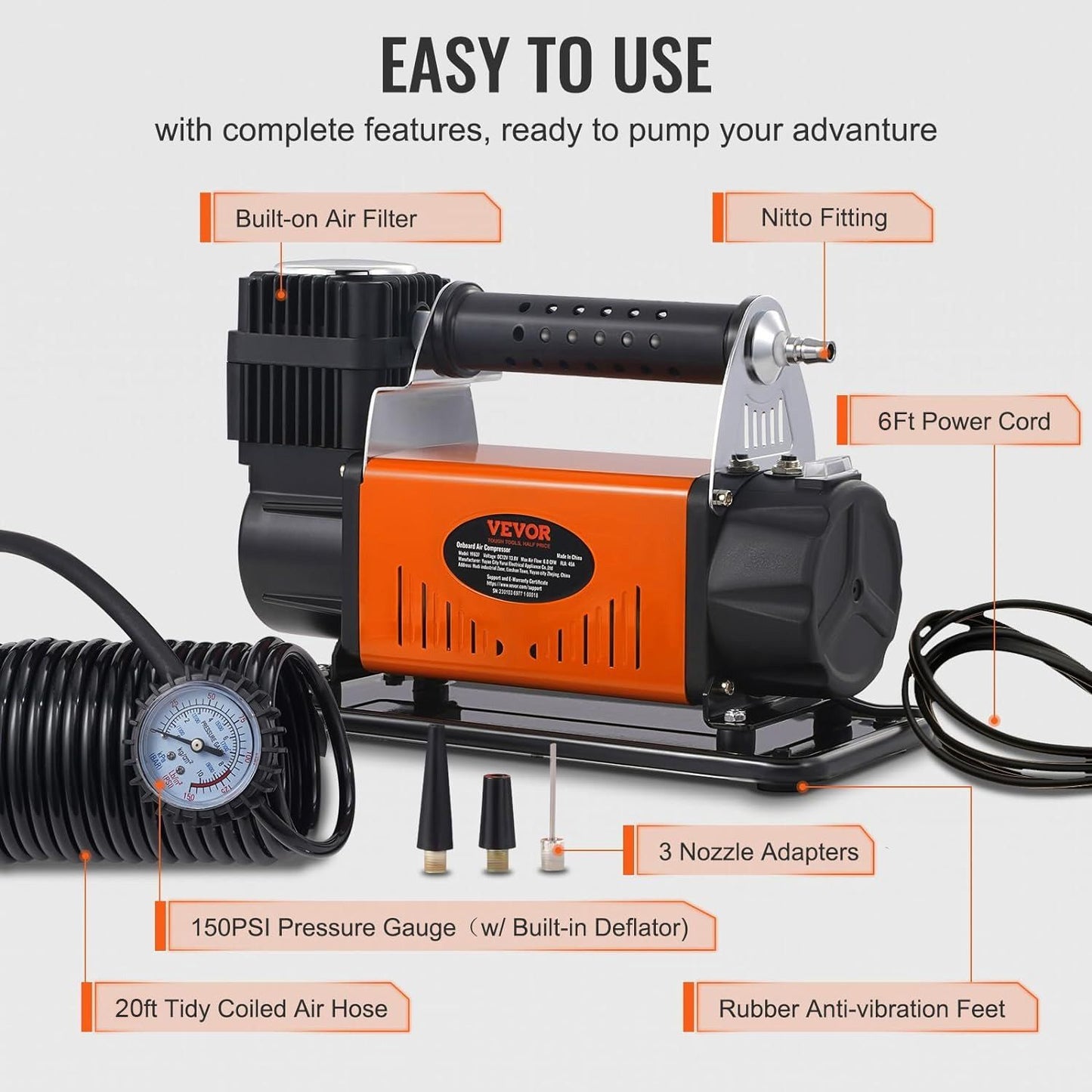 VEVOR 12V Air Compressor Heavy Duty 150PSI Offroad Air Compressor Portable Truck Tire Inflator Air Pump for Jeep SUV 4x4 Vehicle RV For up to 35 Inch Tires