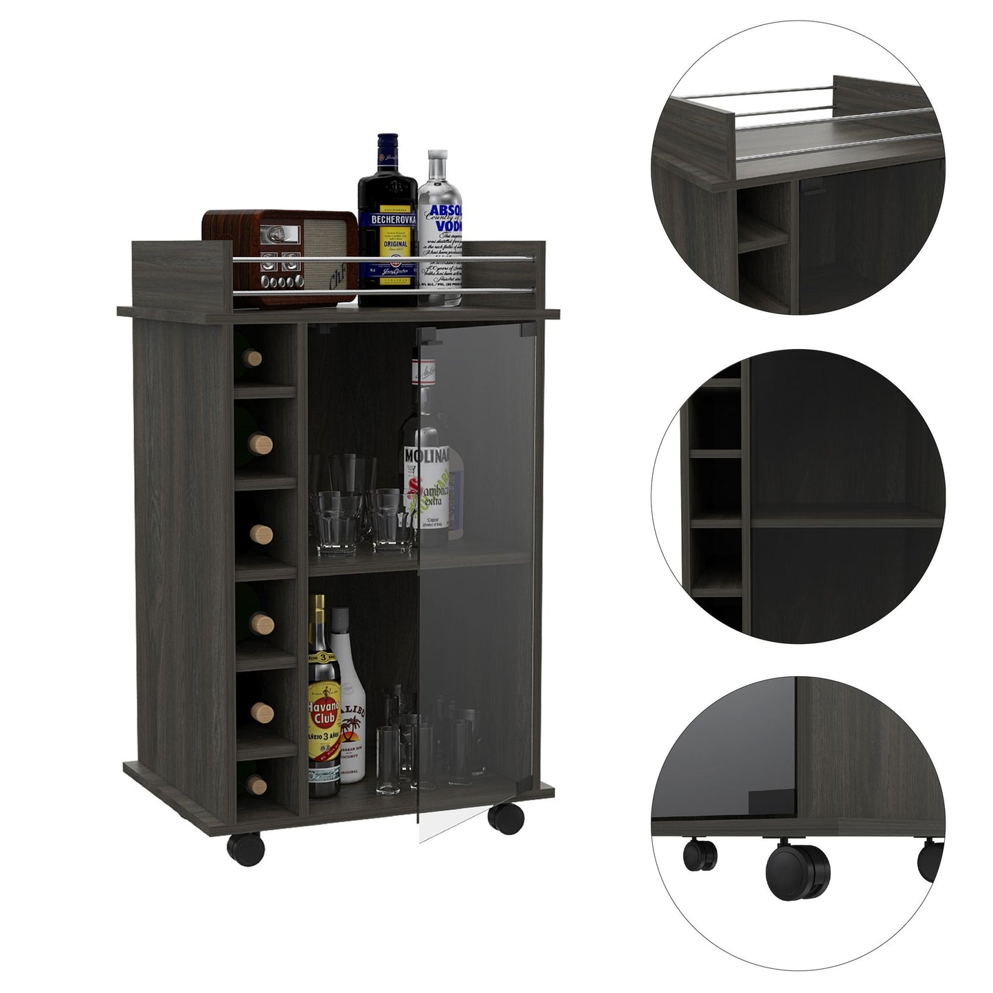 Vegas Bar Cart, Two Tier Cabinet With Glass Door, Six Cubbies For Liquor