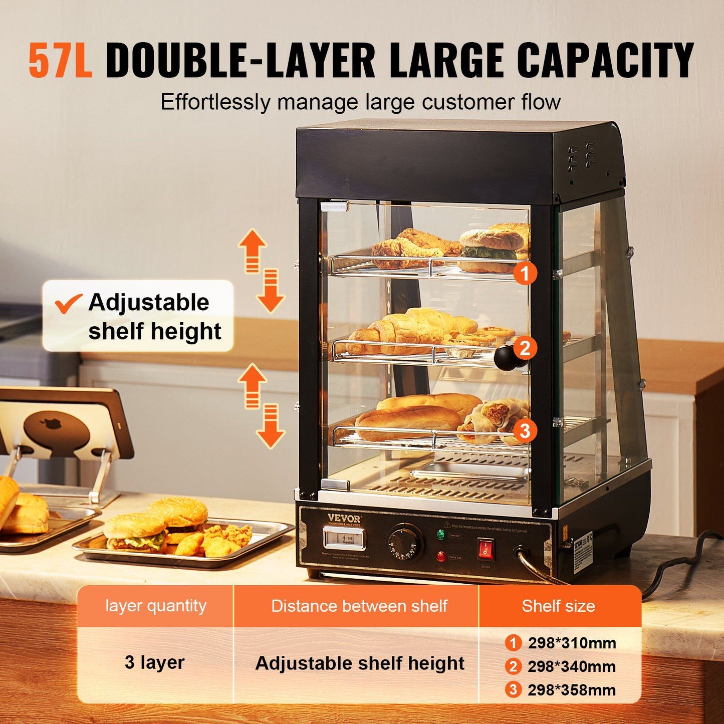 VEVOR 3-Tier Commercial Food Warmer Display Countertop Pizza Cabinet with Light