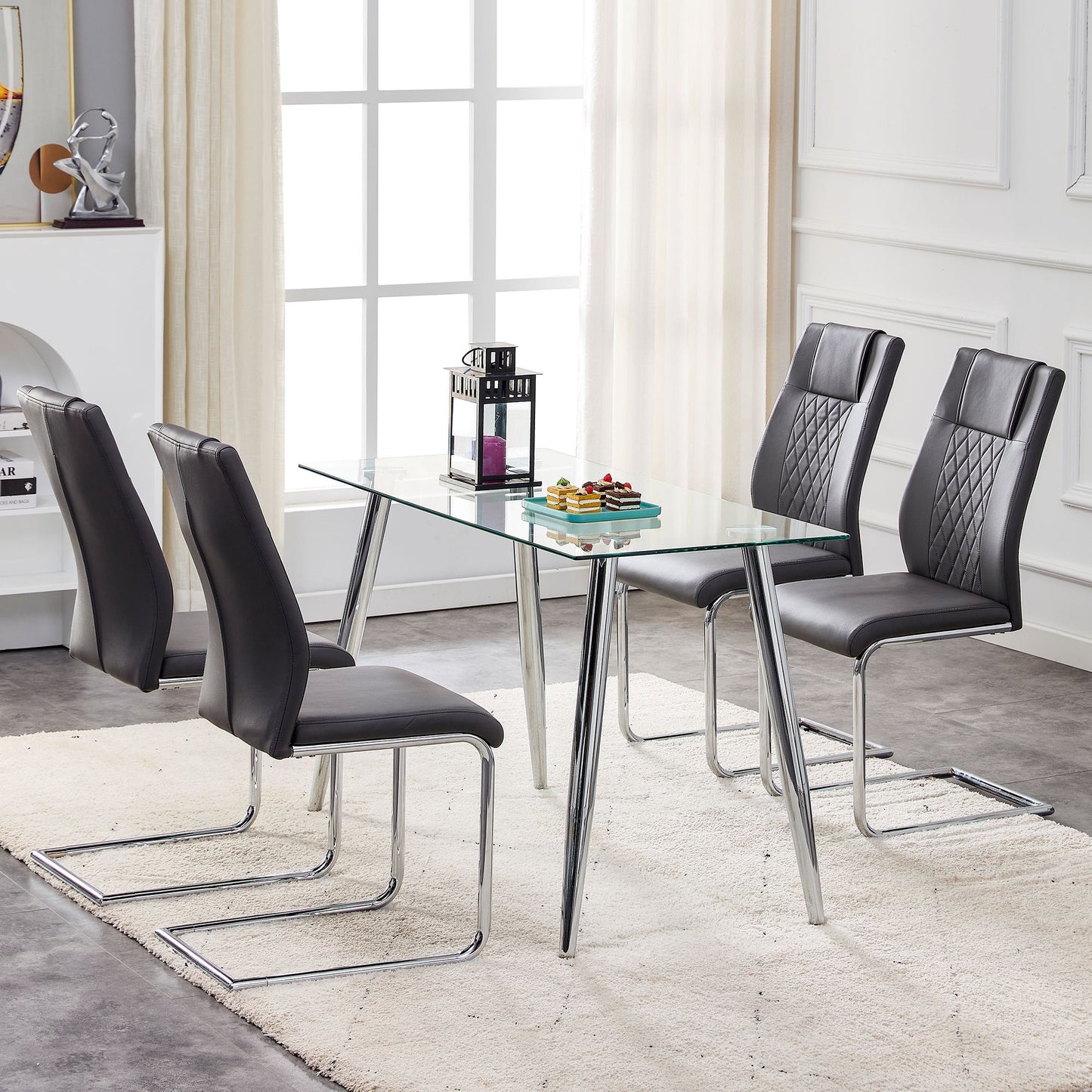 [SET OF 4] Modern Dining Chairs with Faux Leather Padded Seat