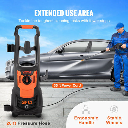 VEVOR Electric Pressure Washer, 2150 PSI, Max. 1.8 GPM, 1800W Power Washer w/ 26 ft Hose, 4 Quick Connect Nozzles, Foam Cannon, Portable to Clean Patios, Cars, Fences, Driveways