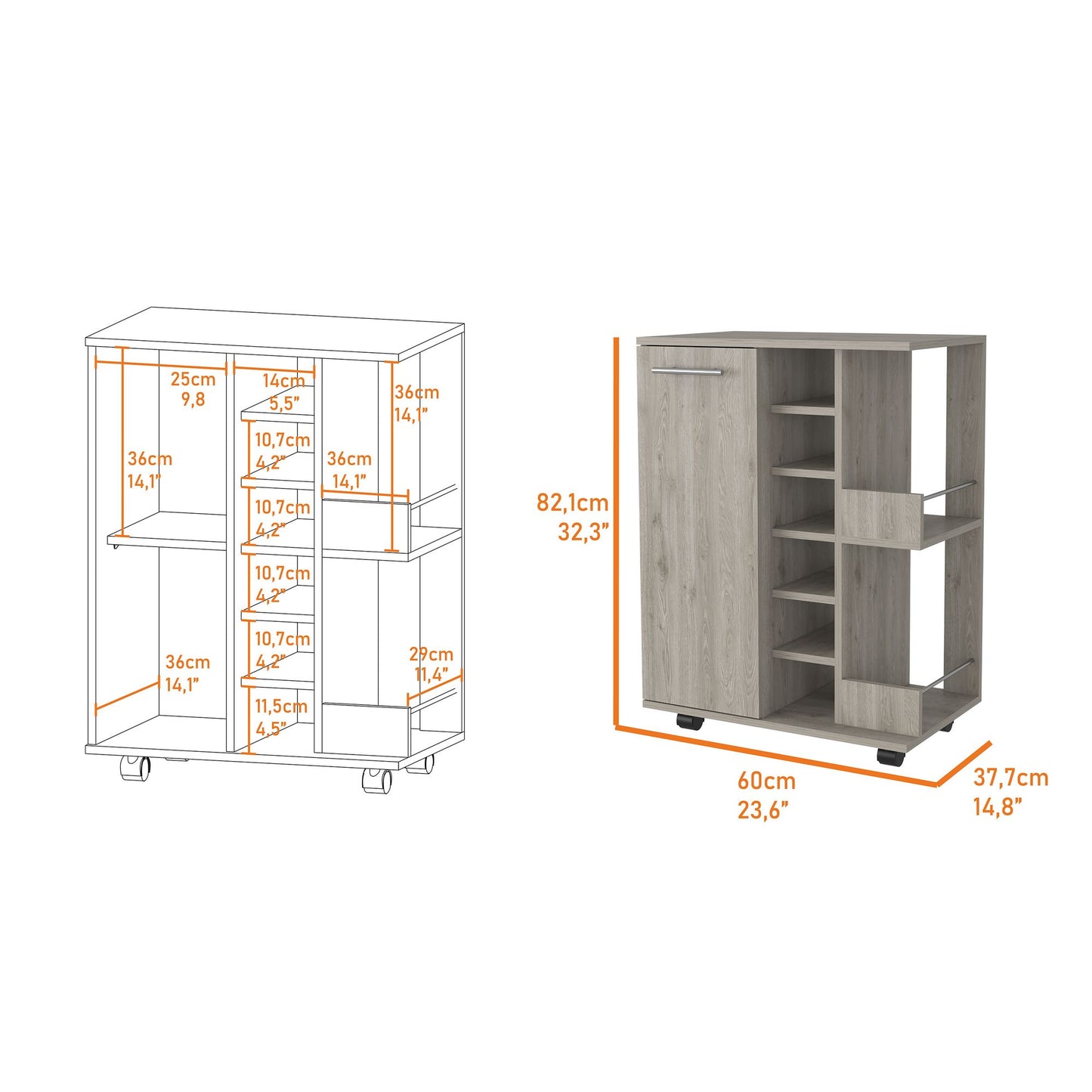 Tennessee Bar Cart, One Cabinet With Division, Six Cubbies For Liquor, Two Shelves