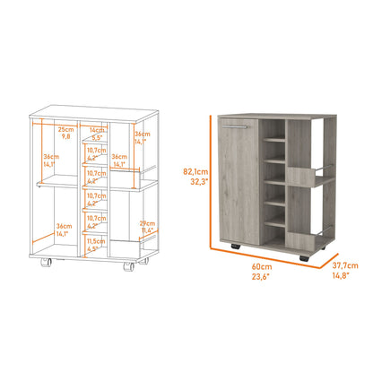 Tennessee Bar Cart, One Cabinet With Division, Six Cubbies For Liquor, Two Shelves