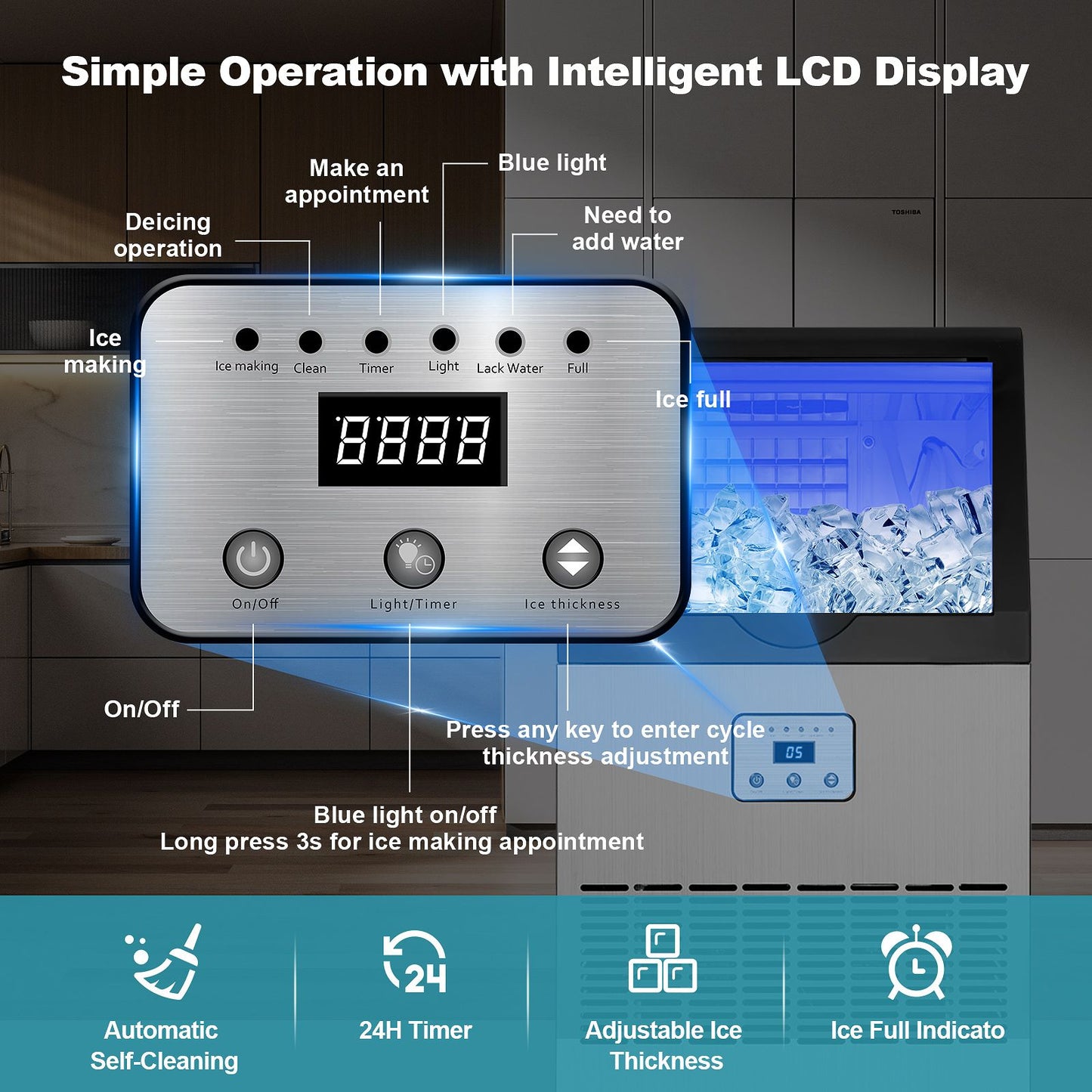 Commercial Ice Maker 100-150lbs/24H Ice Maker Machine, Auto Self-Cleaning, LED Digital Display, Blue Light, Under Counter/Freestanding Ice Machine for Home/Office/Restaurant/Bar