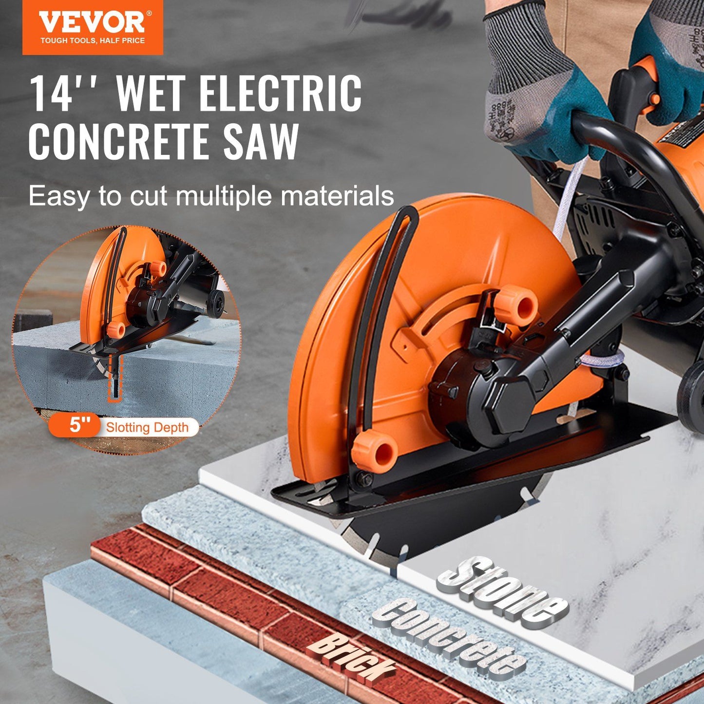 VEVOR Electric Concrete Saw, 14 in Circular Saw Cutter with 5 in Cutting Depth, Wet/Dry Disk Saw Cutter Includes Water Line, Pump and Blade, for Stone, Brick, Porcelain, Concrete, 3200W/15A Motor