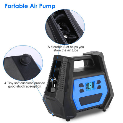 Portable Tire Inflator 150 PSI 120W Max Power Tire Pump with Digital Display LED Light Inflatable Nozzle Needle Fuse Air Compressor for Bikes Motorbikes Cars Balls