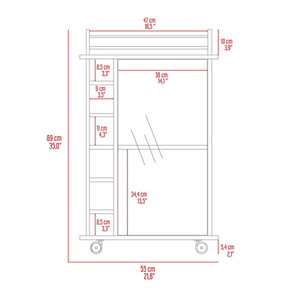 Vegas Bar Cart, Two Tier Cabinet With Glass Door, Six Cubbies For Liquor