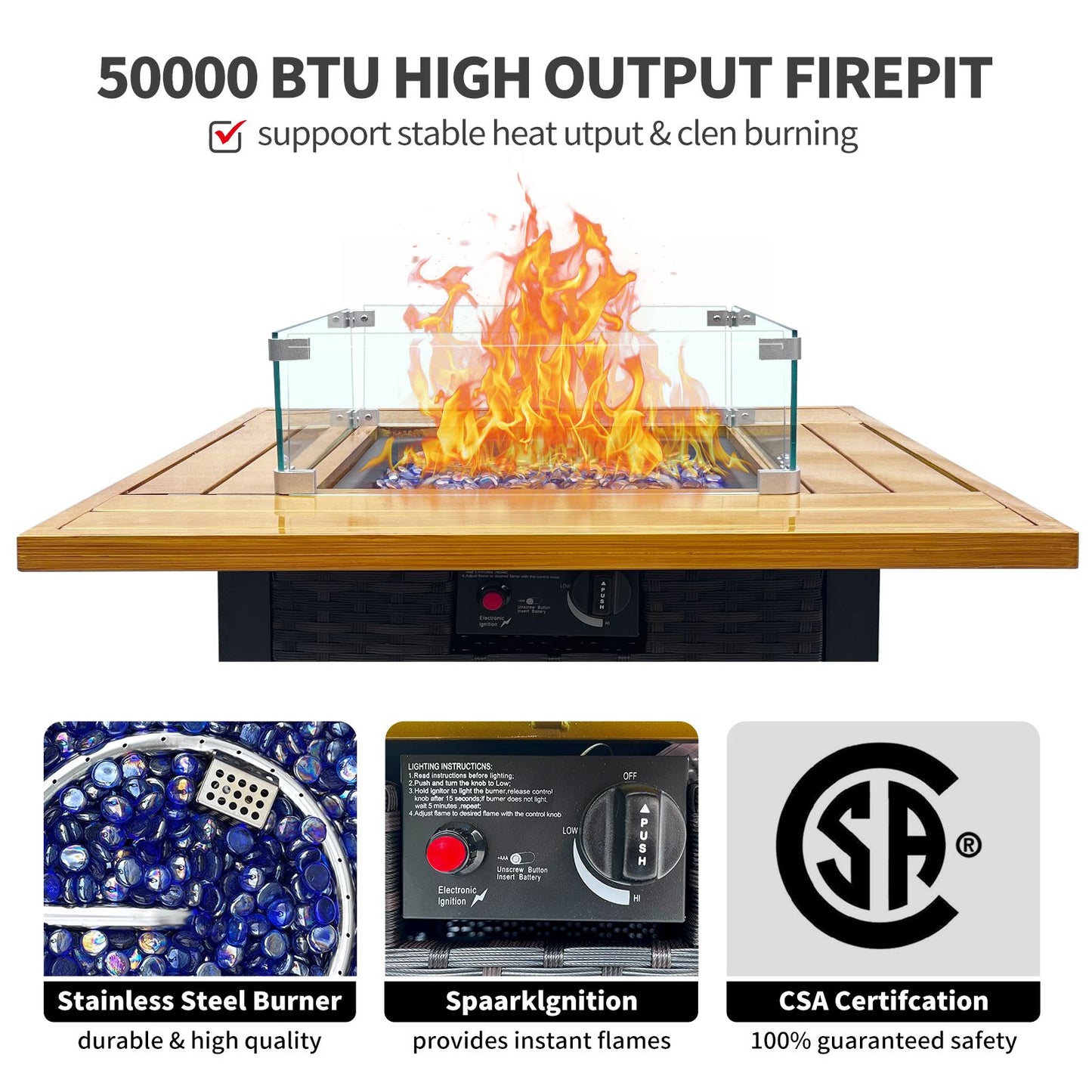 Outdoor Fire Pit 50,000 BTU Propane Gas Fire Table with Lid Fireplace with Glass Wind Guard Wicker Base for Garden, Patio, Backyard