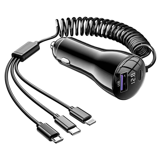 125W 5 In 1 Fast Charge Car Charger QC PD USB Type C LT 5 Port Car Cigarette Lighter with 4FT Coiled Cable Voltage Monitor Fit For IOS Phone IPad Samsung Goggle Pixel