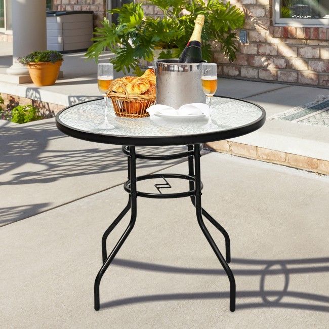 Patio Garden Round 32 Inch Tempered Glass Top Table Square Base Bracket  With Umbrella Hole