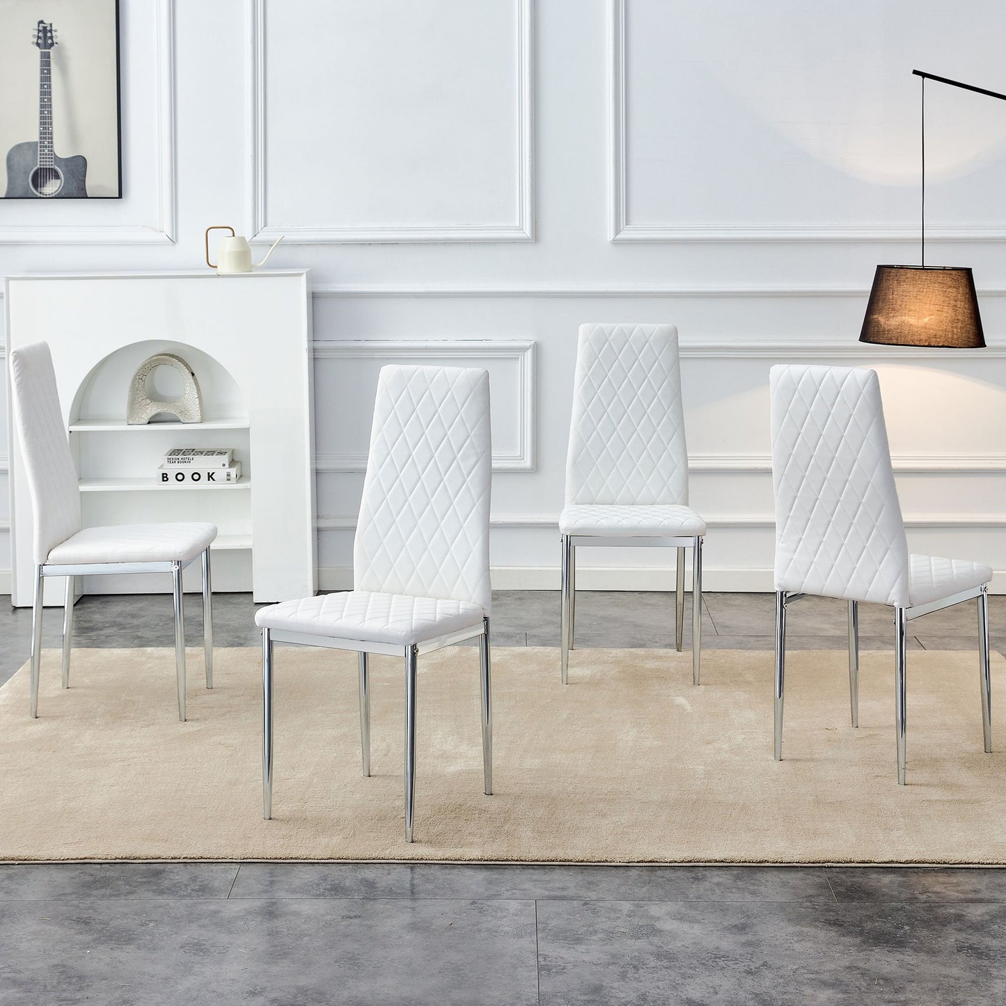 [SET OF 4] Grid armless white high backrest dining chair