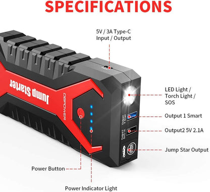 DBPOWER G16 2000A 20800mAh Portable Car Jump Starter(UP to 8.0L Gas/6.5L Diesel Engines) 12V Auto Lithium-Ion Battery Booster with Smart Clamp Cables, Quick Charge, and LED Flashlight