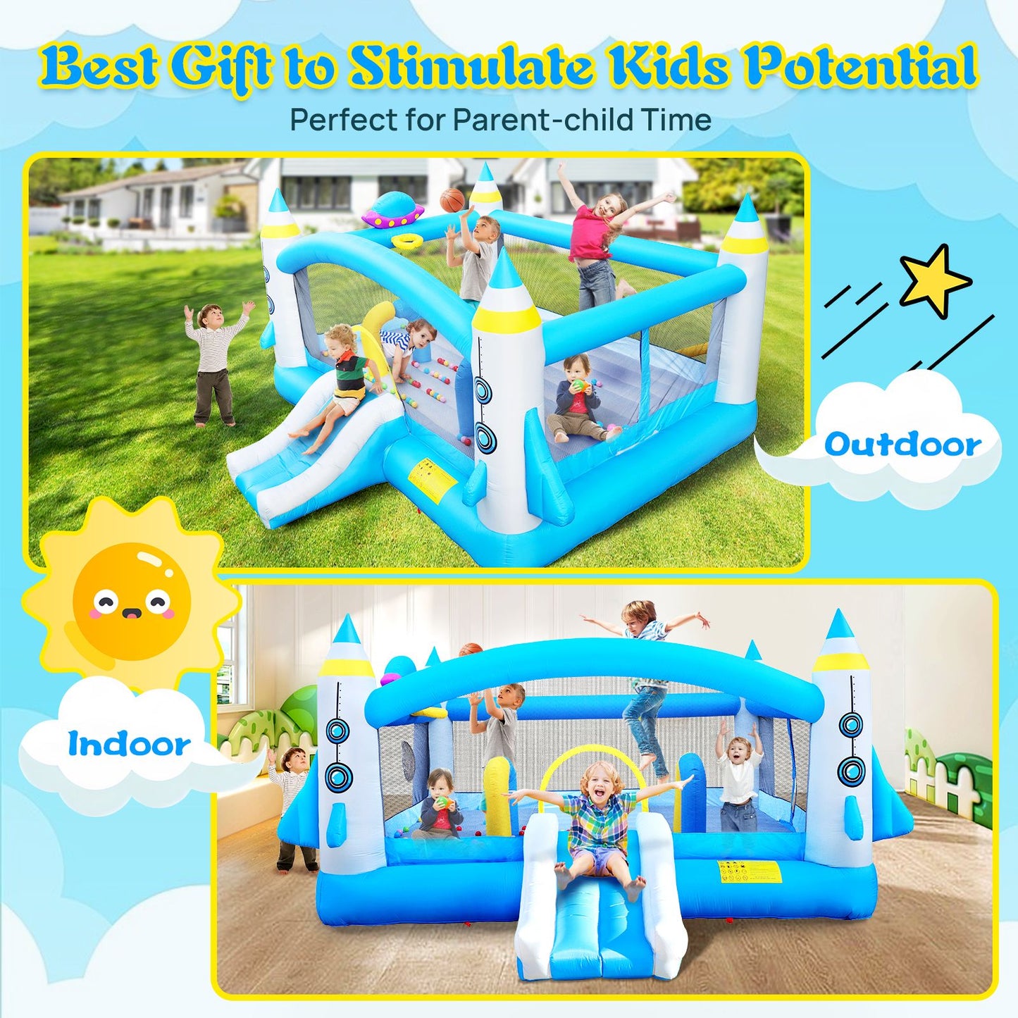 Multifunctional Jump 'n Slide Inflatable Bouncer for Kids Complete Setup with Blower - 198" x 180" Play Area - 96" Tall