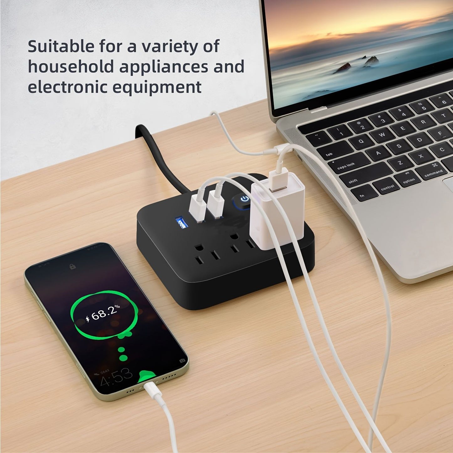 1pc Power Strip; Power Strip Surge Protector; 3 AC Outlets 3 USB 1 Power Button; Flat Plug; Desktop Charging Station With Overload Protection; For Home; Office; Travel; Computer; Black White