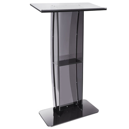 47" Black Acrylic Podium Stand with Wide Reading Surface & Storage Shelf