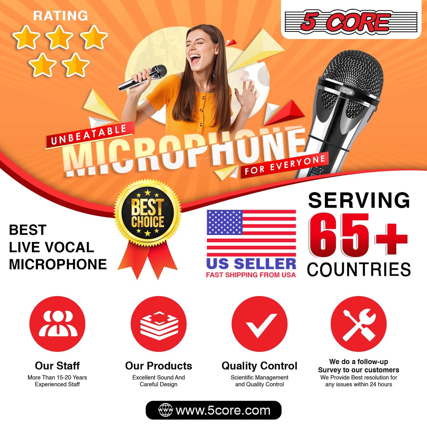 5 CORE Microphone Dynamic Vocal Handheld Mic Cardioid Unidirectional Microfono w On Off Switch + XLR Audio Cable for Singing Karaoke Public Speaking & Parties - PM 817 CH