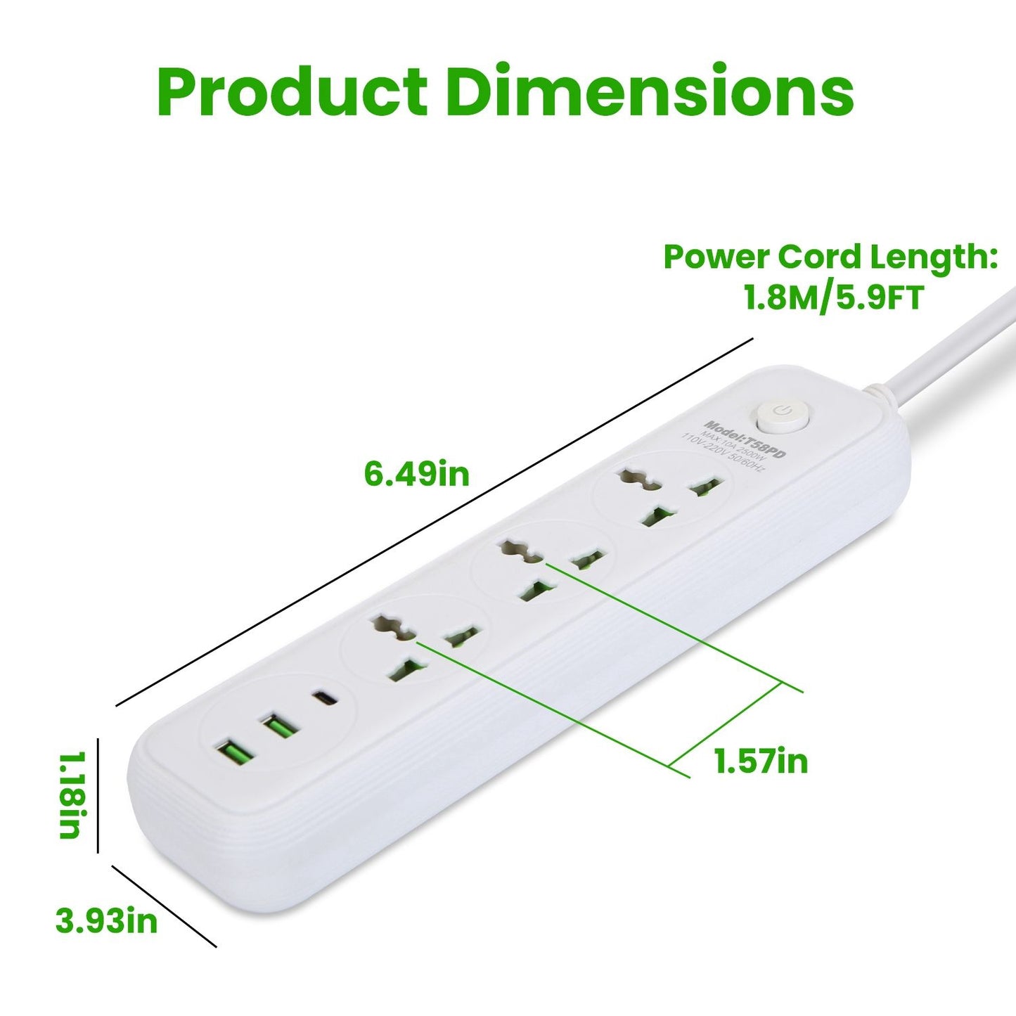 Power Strip with 5.9FT Extension Cord 3 AC Outlets and 2 USB A Ports 1 USB C Port 2500W Wall Mount Outlet Extender For Home Office Dorm Travel