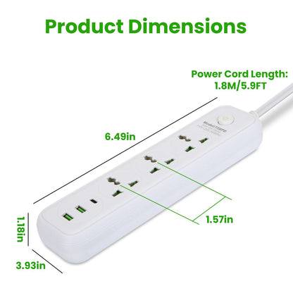 Power Strip with 5.9FT Extension Cord 3 AC Outlets and 2 USB A Ports 1 USB C Port 2500W Wall Mount Outlet Extender For Home Office Dorm Travel