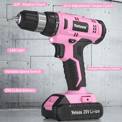 Cordless Drill Set, 20V Electric Power Drill with Battery And Charger, Pink