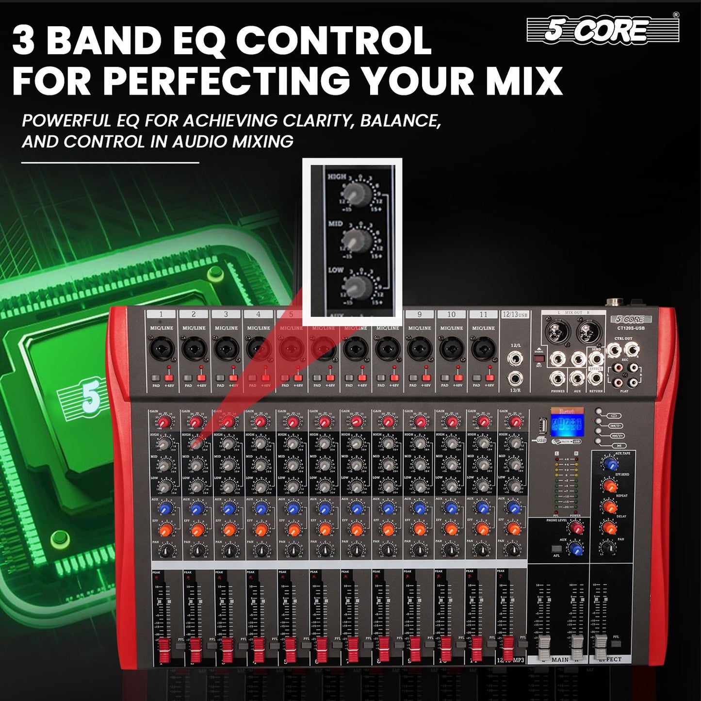 5 Core Audio Mixer 12 Channel DJ Sound Board w Bluetooth USB PC Recording Professional PA Analog Mixing Interface For Karaoke Singing Music Podcast Consola De Audio - MX 12CH