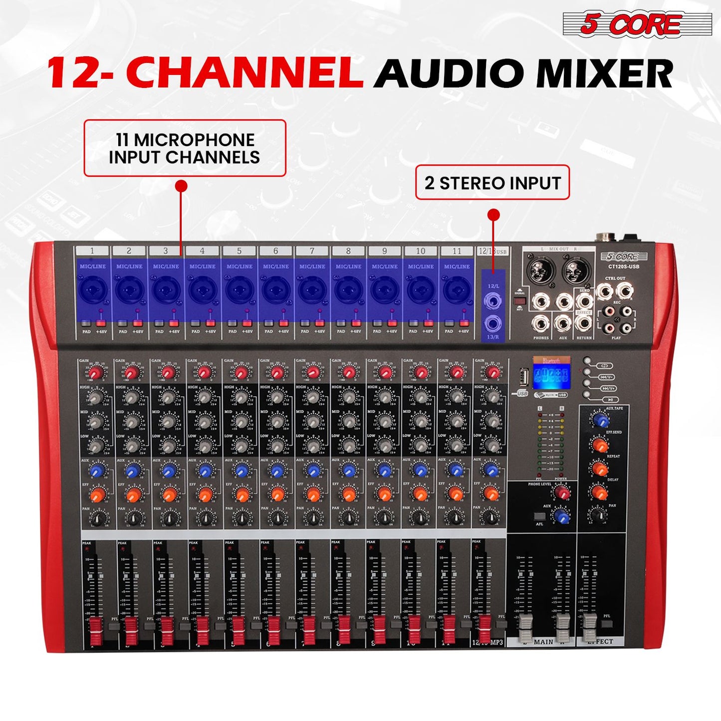 5 Core Audio Mixer 12 Channel DJ Sound Board w Bluetooth USB PC Recording Professional PA Analog Mixing Interface For Karaoke Singing Music Podcast Consola De Audio - MX 12CH