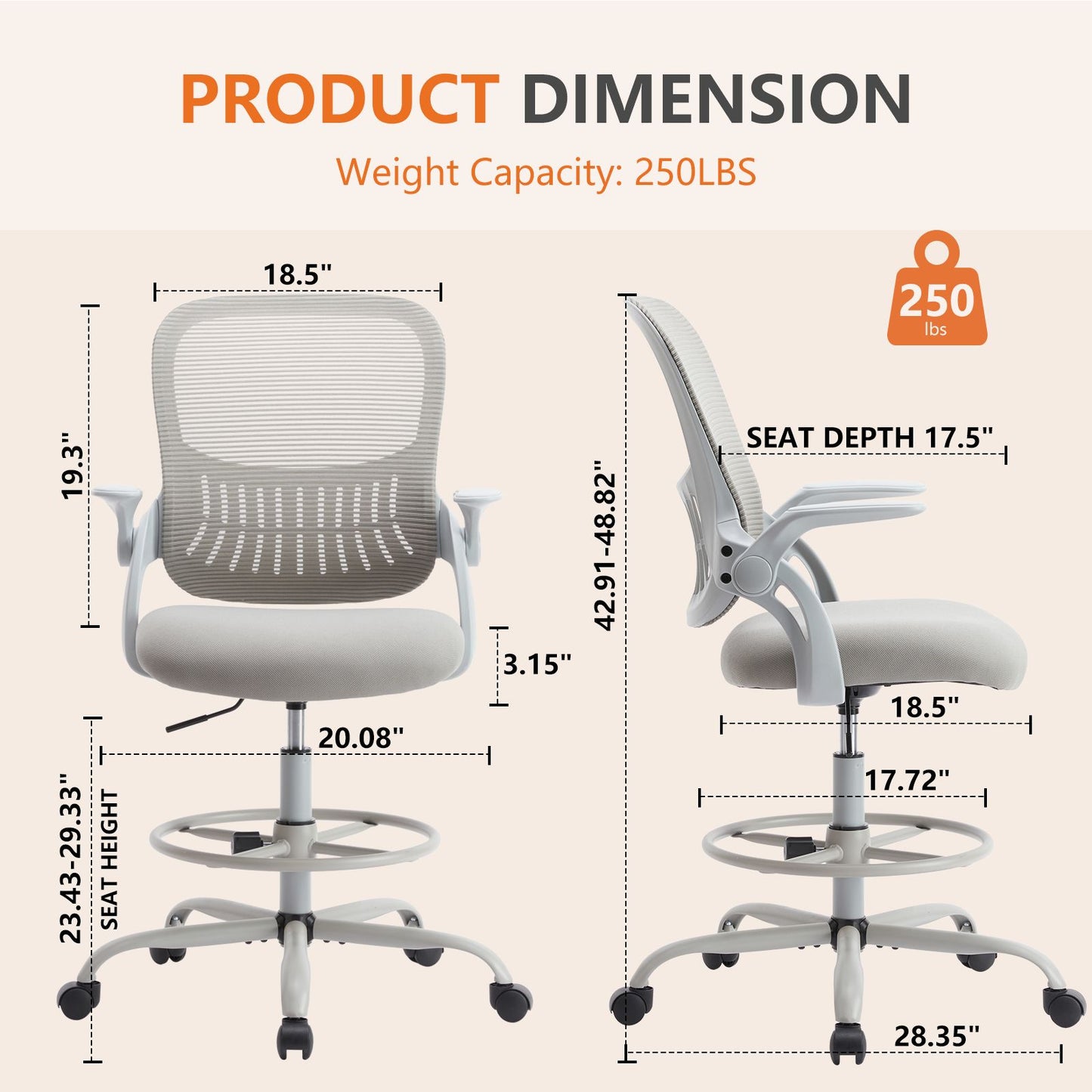 Sweetcrispy Drafting Tall Office Chair Ergonomic High Desk Chair with Flip-up Armrests