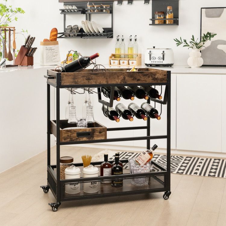 3-Tier Industrial Buffet Serving Cart with Wine Rack