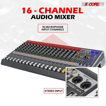 5Core Audio Mixer 16 Channel DJ Mixing Board Bluetooth USB Analog Professional Mezclador De Audio - MX 16CH L