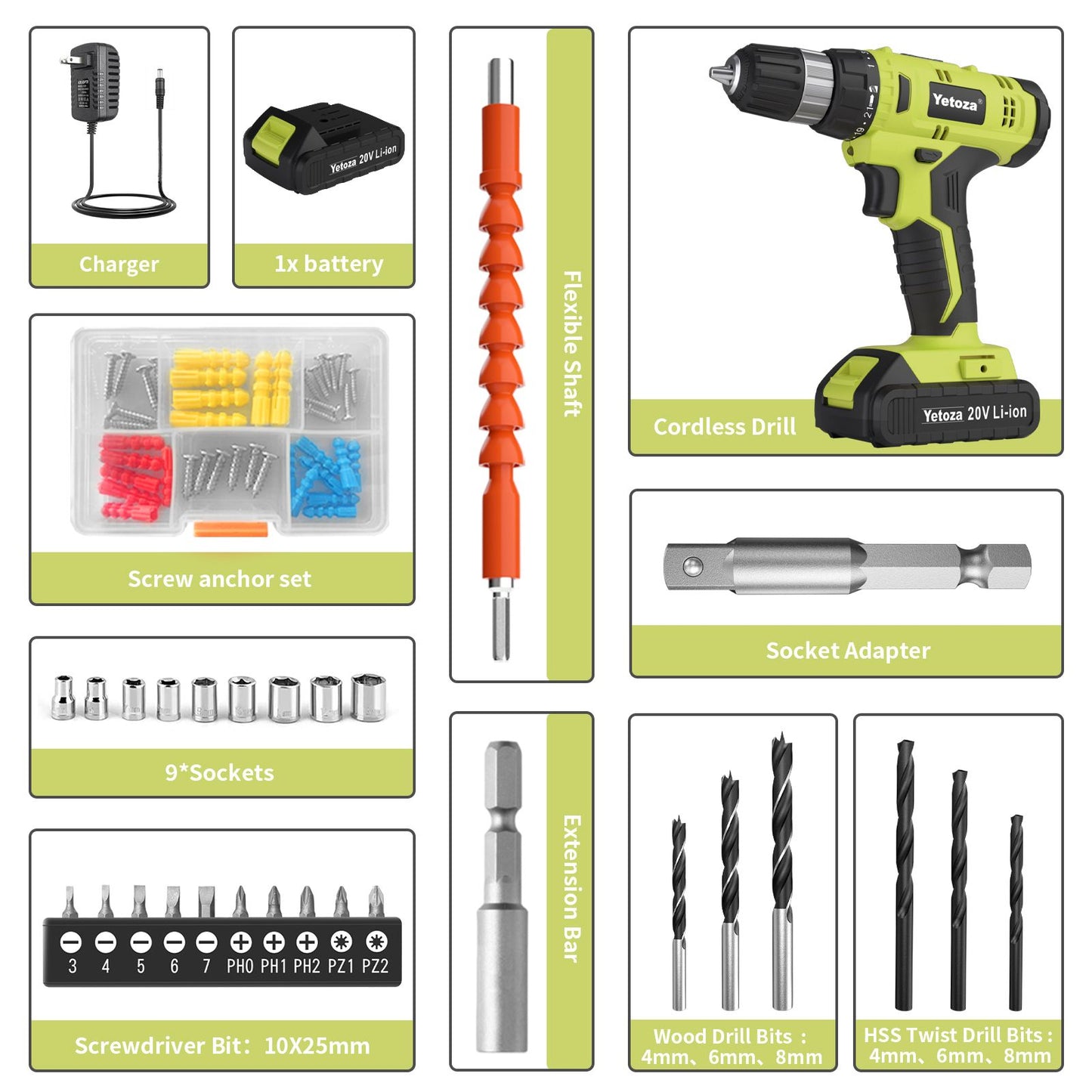 Cordless Drill Set, 20V Electric Power Drill with Battery And Charger, Green