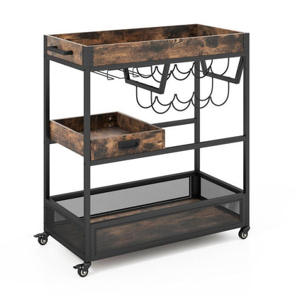 3-Tier Industrial Buffet Serving Cart with Wine Rack