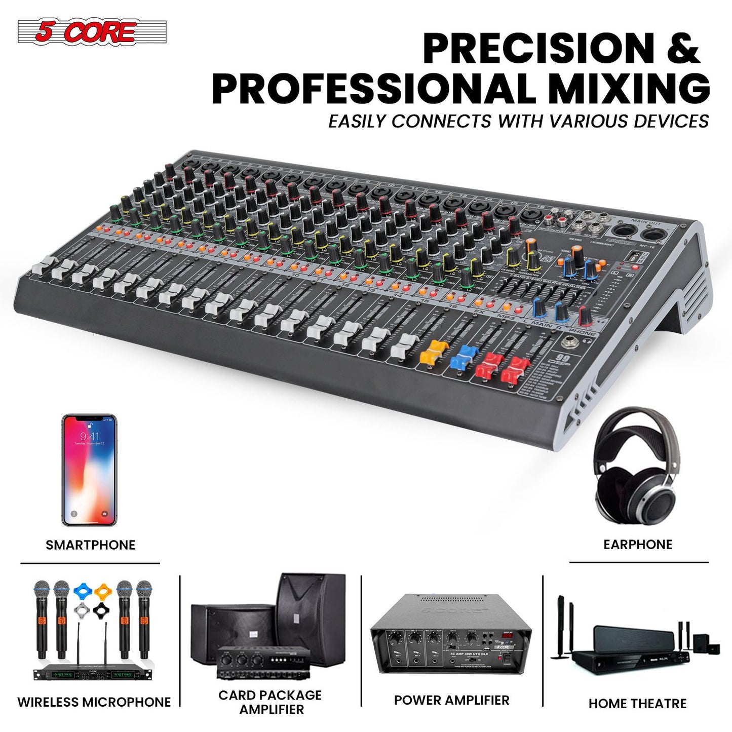 5Core Audio Mixer 16 Channel DJ Mixing Board Bluetooth USB Analog Professional Mezclador De Audio - MX 16CH L