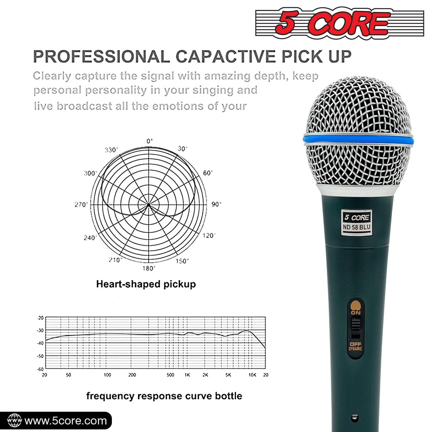 5 CORE Professional Dynamic Vocal Microphone Neodymium Cardioid Unidirectional Handheld Mic for Singing Karaoke Steel Mesh Grille Metal Body With ON Off Switch + 16ft Detachable Cable + Clip + Bag