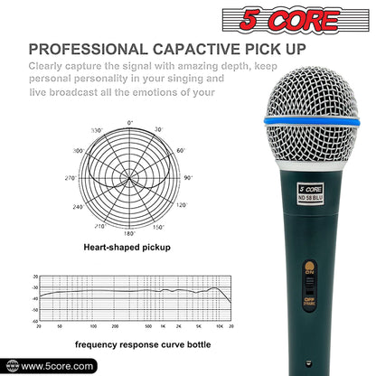 5 CORE Professional Dynamic Vocal Microphone Neodymium Cardioid Unidirectional Handheld Mic for Singing Karaoke Steel Mesh Grille Metal Body With ON Off Switch + 16ft Detachable Cable + Clip + Bag