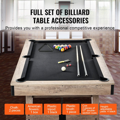 VEVOR Billiards Table, 7 ft Pool Table, Adjust Legs Stable Billiards Table, Pool Table Set Includes Balls, Cues, Chalks and Brush, Wood Color with Black Cloth, Perfect for Family Game Room Kids Adults