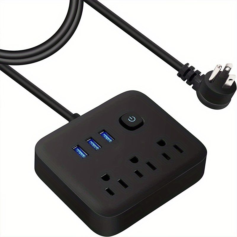 1pc Power Strip; Power Strip Surge Protector; 3 AC Outlets 3 USB 1 Power Button; Flat Plug; Desktop Charging Station With Overload Protection; For Home; Office; Travel; Computer; Black White