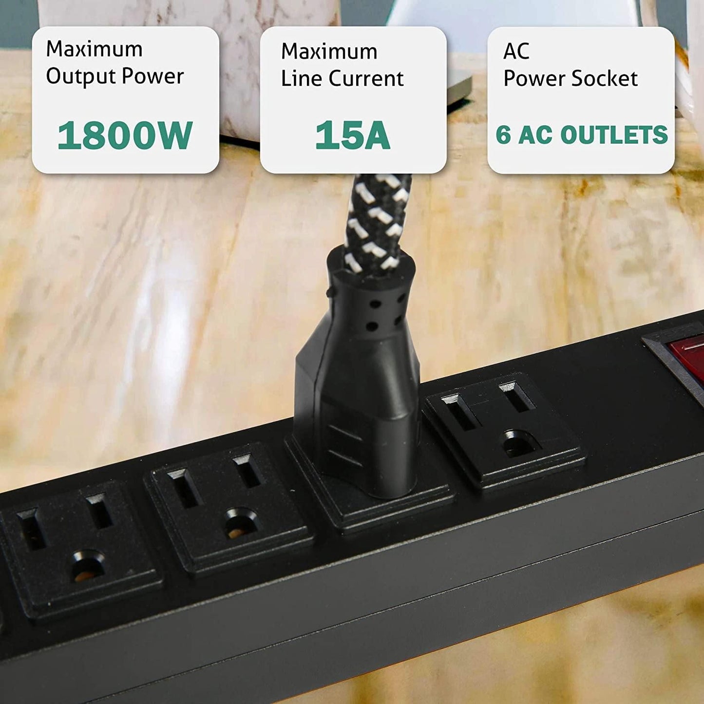 Bosonshop Long Power Strip Surge Protector, 6 Outlets Metal Heavy Duty Power Outlet, Wall Mountable, 6 ft Long Extension Cord, 2 Pack, Black