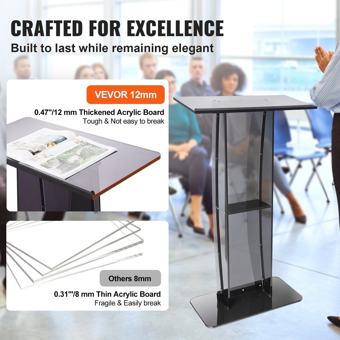 47" Black Acrylic Podium Stand with Wide Reading Surface & Storage Shelf