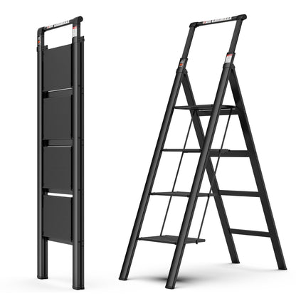 4 Step Ladder;  Retractable Handgrip Folding Step Stool with Anti-Slip Wide Pedal;  Aluminum Step Ladders 4 Steps;  300lbs Safety Household Ladder